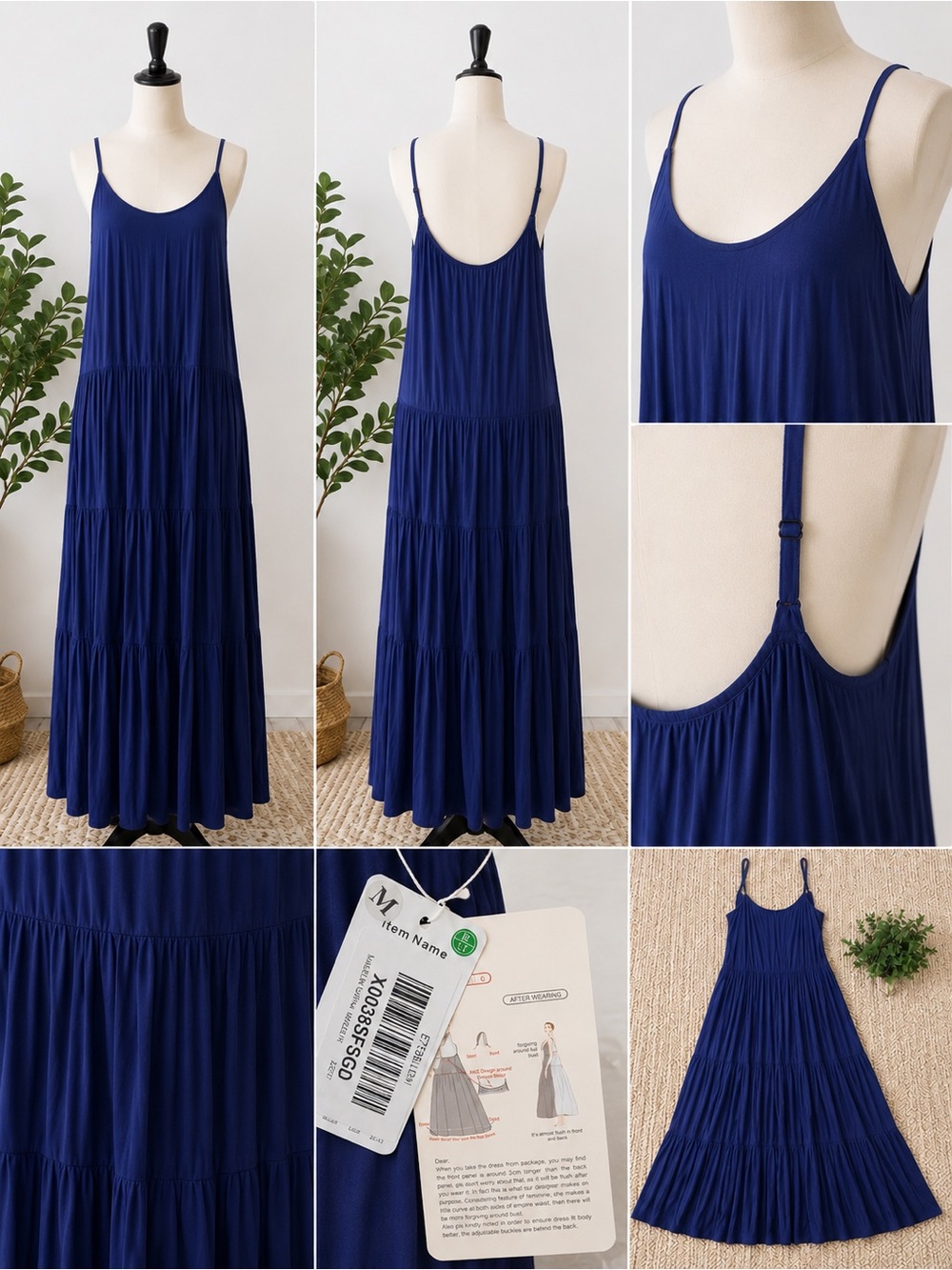 Adjustable Strap Tiered Maxi Dress - Navy Blue